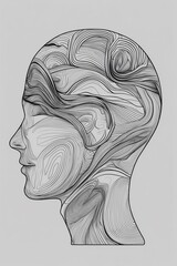 Abstract vector illustration of a head outline filled with tangled lines that gradually become straight and organized near the top representing therapy progress bold minimalism clear negative space.&rdquo;
