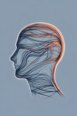 Abstract vector illustration of a head outline filled with tangled lines that gradually become straight and organized near the top representing therapy progress bold minimalism clear negative space.&rdquo;