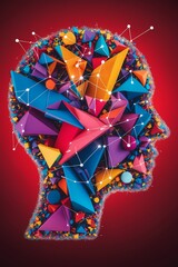 An abstract human head shape (or a lightbulb symbol) filled with a constellation of abstract vibrant colorful geometric shapes and interconnected nodes. The background is a vibrant red to symbolize th
