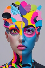 Maximalist illustration  of a Surreal Portrait. The head is a collage of disparate brightly coloured shapes (stripes dots neon textures). Different eyes are rendered in different styles (one geometric