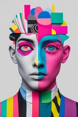 Maximalist illustration  of a Surreal Portrait. The head is a collage of disparate brightly coloured shapes (stripes dots neon textures). Different eyes are rendered in different styles (one geometric