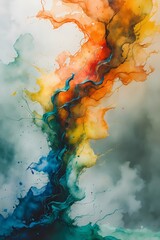 professional photo featuring loose watercolor lines that flow dynamically from chaotic warm colors with shades of orange and yellow to calm cool tones with hues of blue and green capturing a conceptua