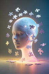 professional photo of a delicate head silhouette surrounded by floating puzzle pieces in a gentle ethereal manner with some pieces glowing softly in a warm calming light conveying a powerful conceptua