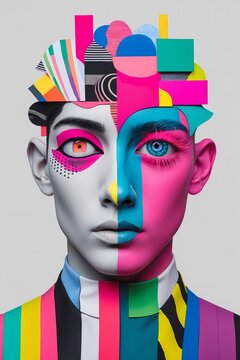 Maximalist illustration  of a Surreal Portrait. The head is a collage of disparate brightly coloured shapes (stripes dots neon textures). Different eyes are rendered in different styles (one geometric