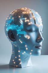 professional photo of a stylized head formed by interconnected geometric shapes with glowing digital circuits subtly fading into soft pastel paint textures conveying conceptual mental wellness featuri