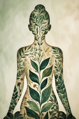 professional photo of a stylized silhouette filled with intricate botanical illustrations of leaves and flowers symbolizing nature-based healing with a clean and natural color palette featuring shades
