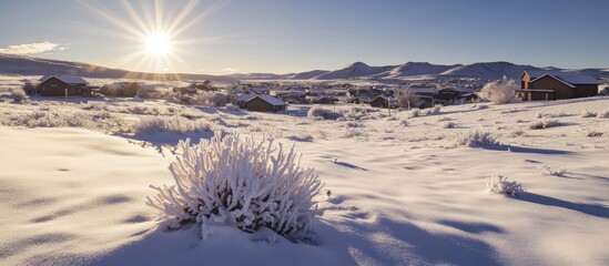 Breathtaking winter landscape at sunrise, showcasing snow-covered homes and vegetation under a bright sun