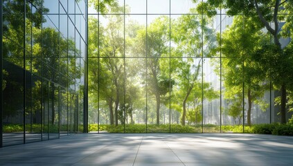 Modern architecture blends seamlessly with nature reflected in glass