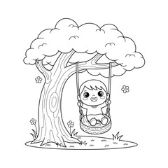 Child swinging from tree coloring page vector illustration