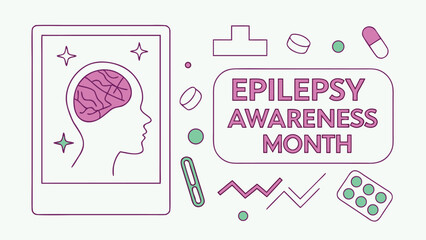 Epilepsy awareness month graphic with brain and medical symbols