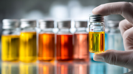 Hand holding a small bottle filled with yellow liquid in focus with a row of colorful glass bottles in the background reflecting light on a smooth surface