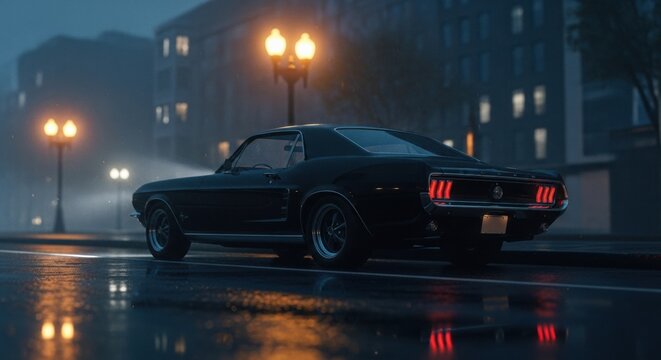Classic muscle car on a wet city street at night with moody lights and reflections. - Powered by Adobe