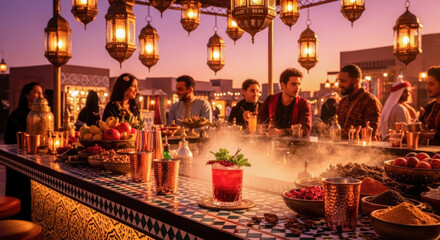 Celebratory gathering of diverse people enjoying cocktails and Arabic food at a rooftop bar decorated with ornate lanterns at twilight.