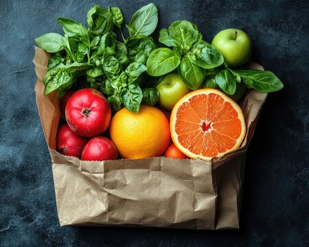 Paper bag filled with fresh fruits and leafy greens on dark textured backdrop. Healthy food concept, represents balanced diet and eco friendly shopping.