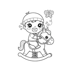 Child riding spring rocking horse coloring page vector illustration