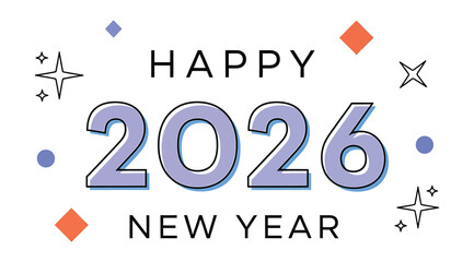 Cheerful and modern design showcasing the year 2026, perfect for new year celebrations, featuring playful typography and festive geometric elements isolated on a vibrant and eyecatching design
