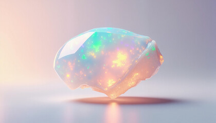 Opal gemstone shimmers with iridescent light on neutral backdrop, showing its unique play of color, opal gemstone is captivating.