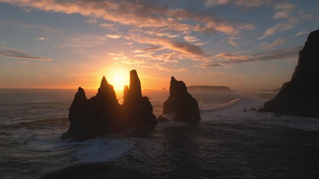 Aerial view of basalt sea stacks at Reynisfjara beach, silhouetted against a vibrant sunset sky, with waves crashing around them, Reynisfjara, Myrdalshreppur, Iceland.