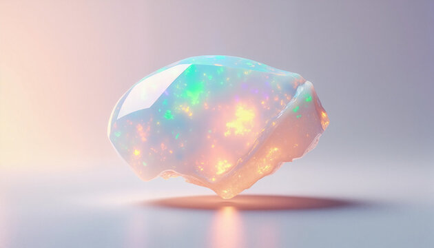 Opal gemstone shimmers with iridescent light on neutral backdrop, showing its unique play of color, opal gemstone is captivating.
