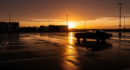 Classic car parked in a wet parking lot during sunset, reflecting warm golden light and calm urban atmosphere.