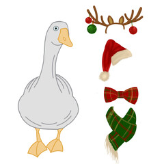 Cute goose illustration with separate Christmas accessories — Santa hat, antlers, scarf and bow tie. DIY clipart set for cards, stickers, sublimation, kids design and festive projects.