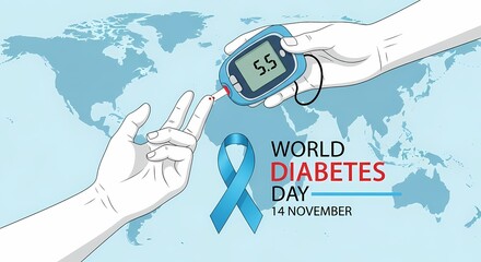 World diabetes day poster with hand and blood glucose meter on blue background