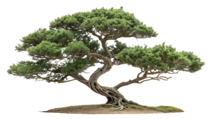 Juniperus sabina the savin juniper isolated on transparent background. A meticulously sculpted ancient bonsai tree with gnarled branches and lush green foliage isolated on transparent background