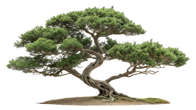 Juniperus sabina the savin juniper isolated on transparent background. A meticulously sculpted ancient bonsai tree with gnarled branches and lush green foliage isolated on transparent background