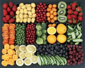 Healthy food tray with fruits, vegetables, and berries arranged. Showcase fresh ingredients, for healthy lifestyle promotion.