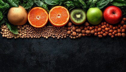 Fruits, nuts, and greens border a black surface, arranged beautifully. Perfect backdrop to health, nutrition, or organic food concepts.