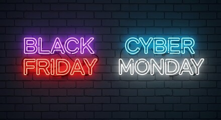 Black friday and cyber monday neon sign on brick wall isolated on white background
