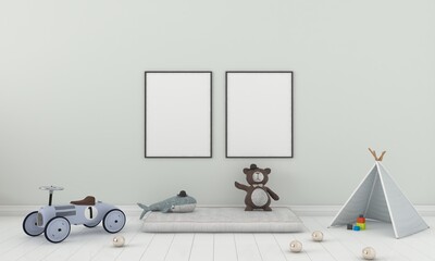 Charming nursery with blank frames, toys, and a cozy teepee for children's room decor © Microstocke