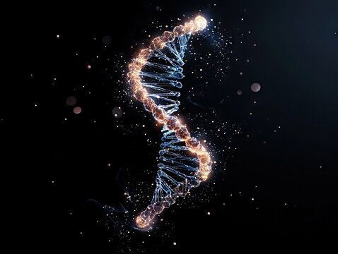 A luminous, double-helix DNA strand glows with orange and blue light against a dark, speckled background, suggesting scientific discovery or genetic research. - Powered by Adobe