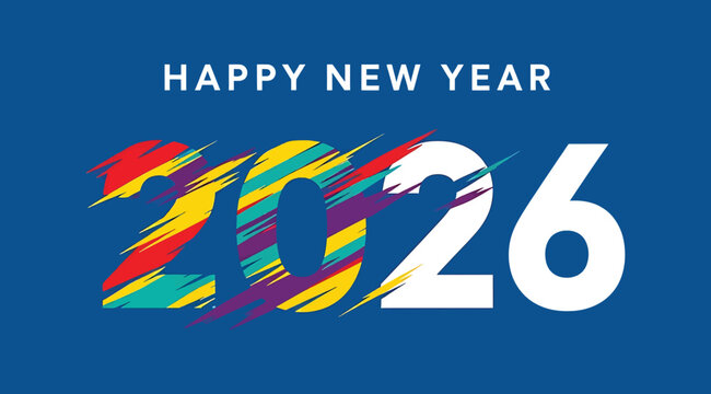 Welcome the new year with this vibrant and modern 2026 design, featuring colorful brush strokes and a bold typography, perfect for new years cards, banners, and social media posts - Powered by Adobe