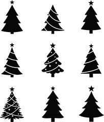 Nine different black Christmas tree silhouettes with star toppers and decorations, a minimal vector collection perfect for holiday and winter themes.