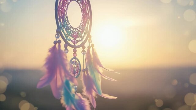 A delicate decorative item, adorned with soft, colorful feathers and intricate beads, gracefully sways in a gentle breeze. The object is beautifully framed against a radiant, blurred backdrop of a war