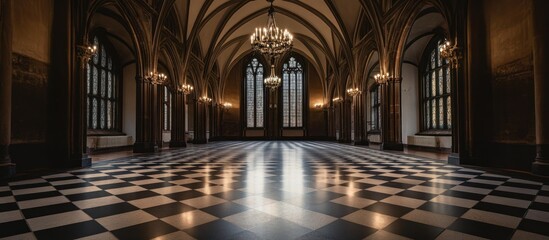 Opulent interior of a grand hall with checkered floor design