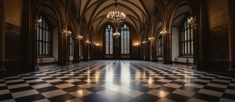 Opulent interior of a grand hall with checkered floor design