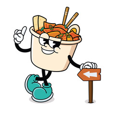 Retro Cartoon Korean Food Kimchi Cup Pointing and Holding Direction Sign