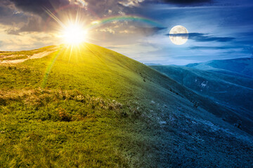 alpine meadows in mountains on summer solstice. day and night time change concept. beautiful view of rolling hills with lush green grass under sky with sun and moon. duality and transition template