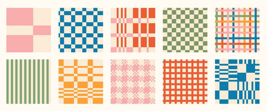 Retro colored checkerboard and stripes seamless pattern collection. Fun colored vintage wool plaid background for cover, notebook, packaging.