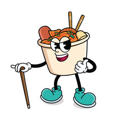 Retro Cartoon Korean Food Kimchi Cup Holding Cane and Giving Thumbs Up
