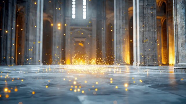 A vast, ancient stone hall with towering columns and glowing golden particles floating in the air, illuminated by dramatic light.
