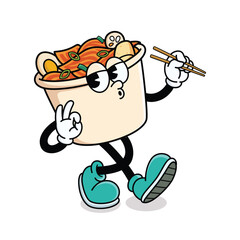 Retro Cartoon Korean Food Kimchi Cup Walking, Giving OK Sign and Holding Chopsticks