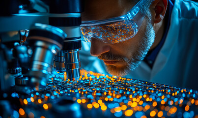 Scientist examining electronic circuit board under microscope with safety goggles in research laboratory close-up