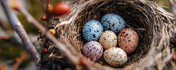 a bird's nest with colorful speckled eggs, set against the backdrop of nature in springtime. 