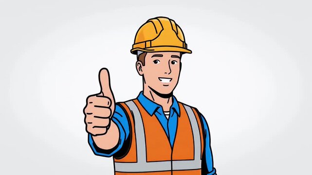 Animated construction worker putting on yellow hard hat for workplace safety illustration