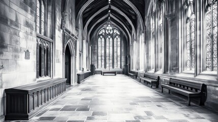 Mystical Monochrome, Grand Architecture Interior with Gothic Windows