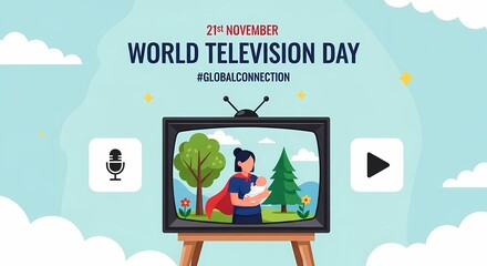 World television day with mother and child on tv isolated on white background