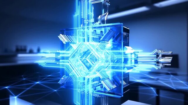 A Futuristic Quantum Processor Illuminated in Blue: Discover the Precision and Complexity of Advanced Computational Technology in a High-Tech Setting
